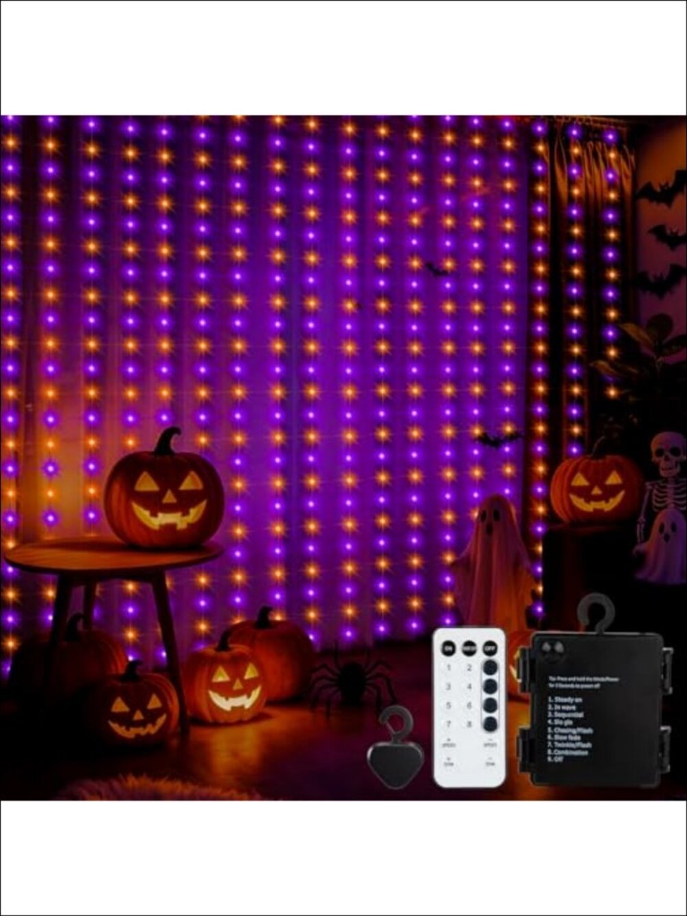 Halloween Curtain Lights Battery Operated 9.8 x 9.8Ft 300 LED Fairy Lights